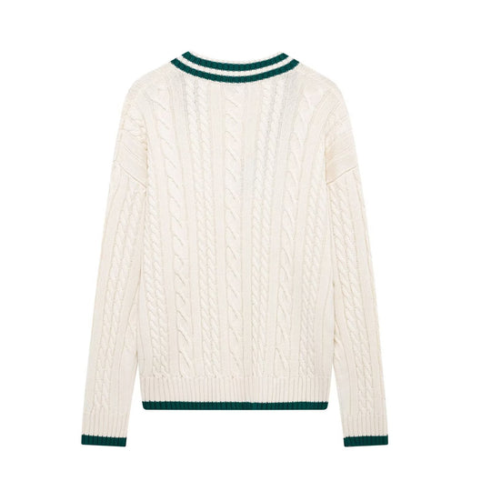 Damen klassischer V-Ausschnitt Strickpullover mit Zopfmuster und kontrastierendem Kragen Fudus