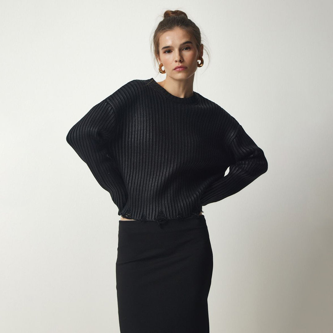 Damen modischer cropped Strickpullover mit einzigartigen Fransen Fudus