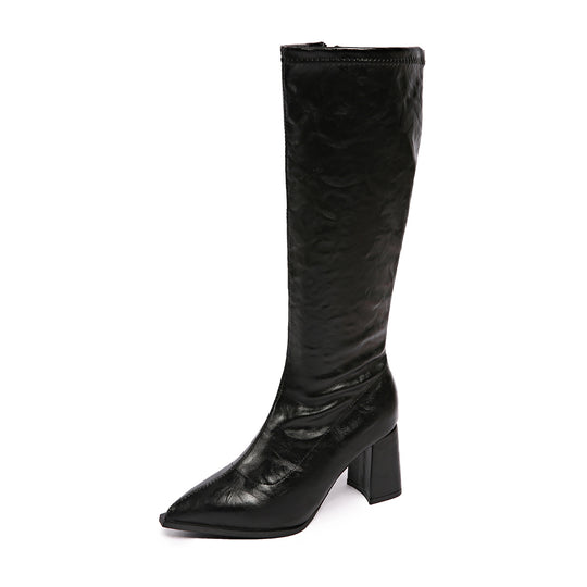 Damen hochmodische Stiefel mit blockiertem Absatz und spitzem Zehenbereich Fudus