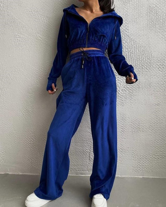 Damen kuscheliges Velours-Lounge-Set mit Kapuze Fudus