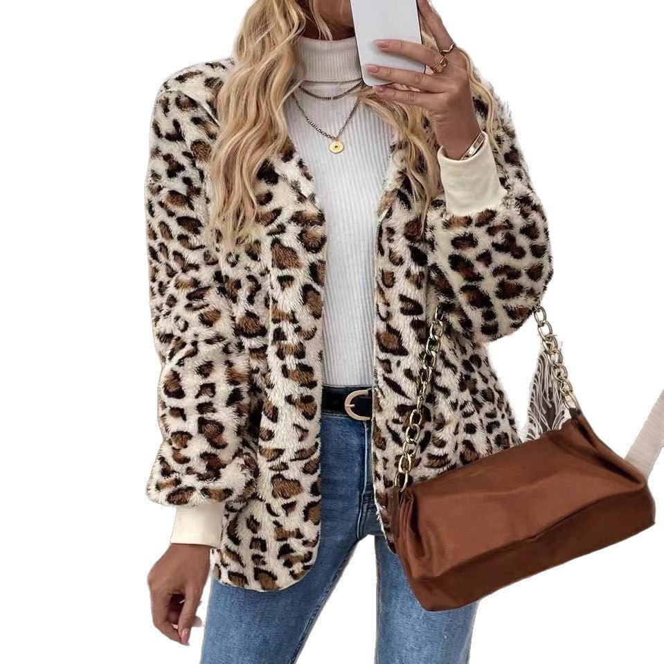 Damen Kuschelige Leo-Muster Jacke Fudus