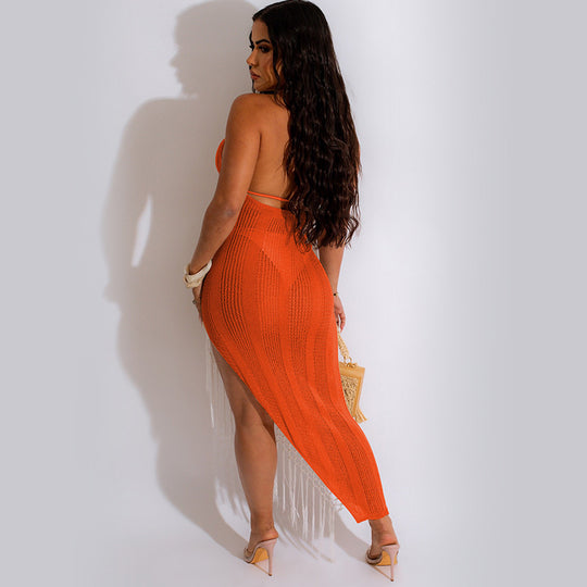 Damen Häkel-Maxi-Kleid mit eleganten Fransen und asymmetrischem Schnitt Fudus