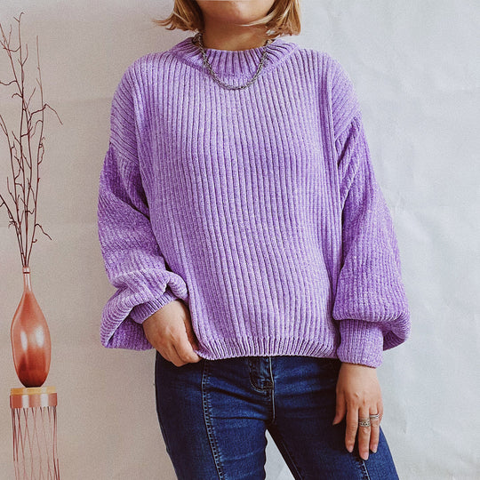 Damen Grobstrickpullover mit romantischem Rippenmuster und weiten Ärmeln Fudus