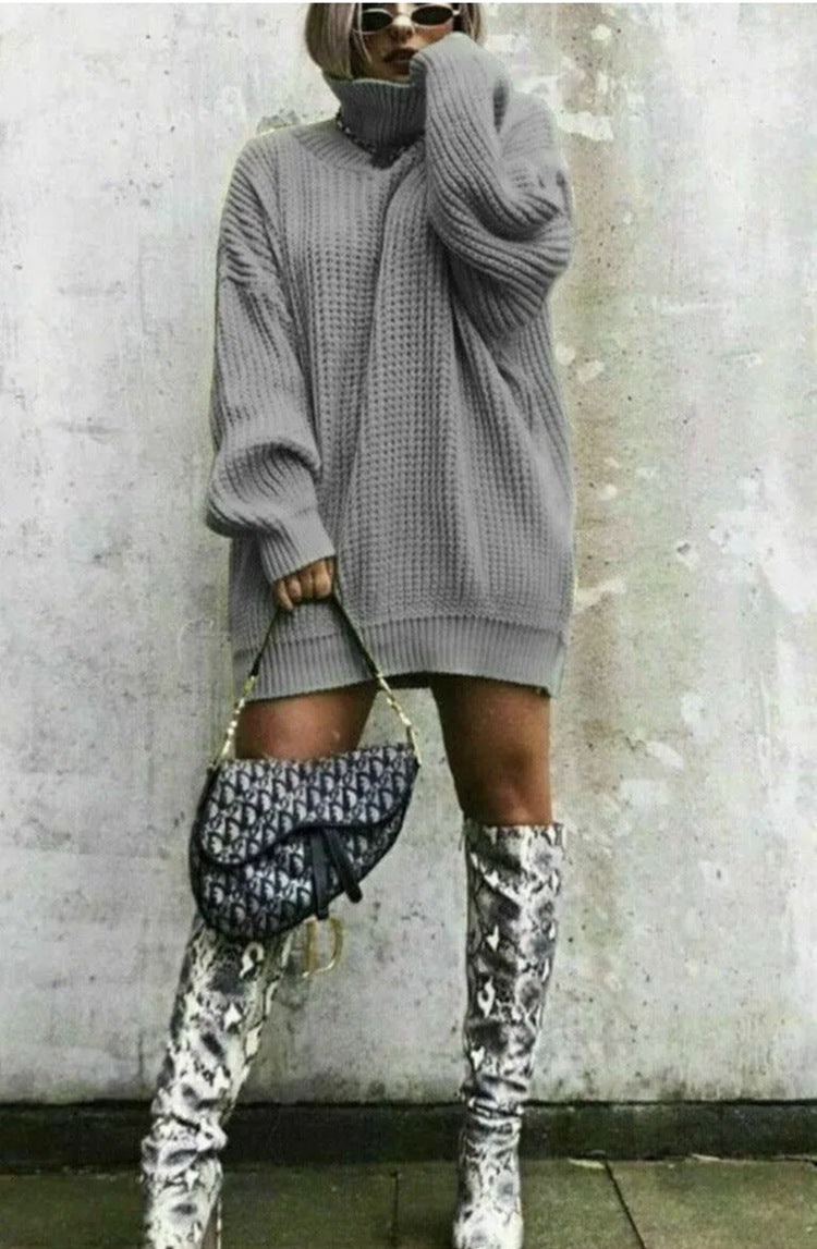 Damen Grobstrickpullover mit hohem Kragen und lockerem Schnitt Fudus