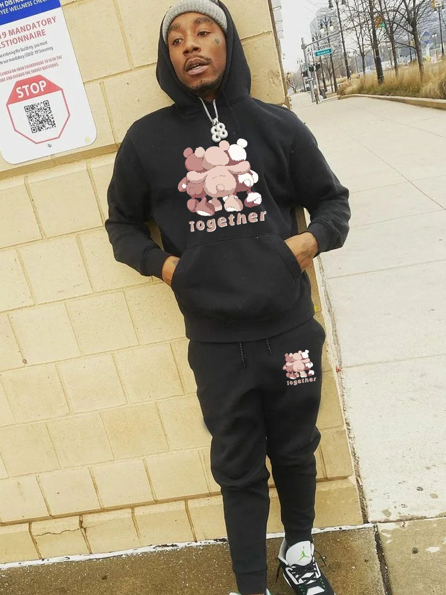 Damen Hoodie- und Jogginghose-Set mit kreativem Bärenmotiv und Kängurutaschen Fudus