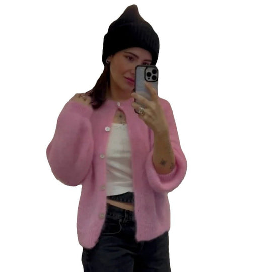 Damen kuschelige Strickjacke mit weitem Schnitt und eleganten Knopfdetails Fudus