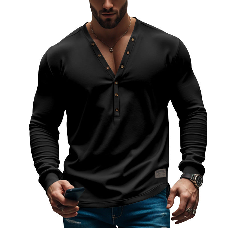 Herren Langarm Henley T-Shirt mit modernem Knopfverschluss und figurbetontem Schnitt Fudus