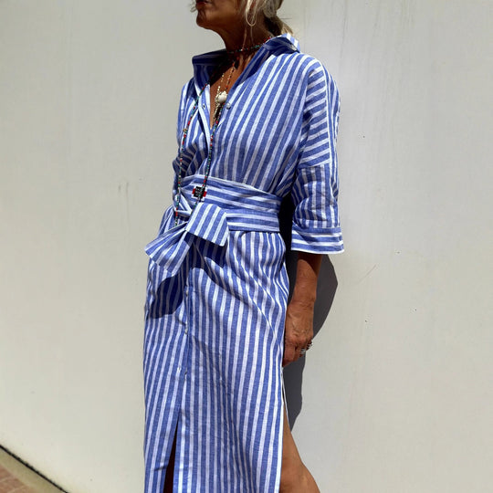 Damen Langarm-Hemdblusenkleid mit seitlichem Schlitz und Kordelzug Fudus