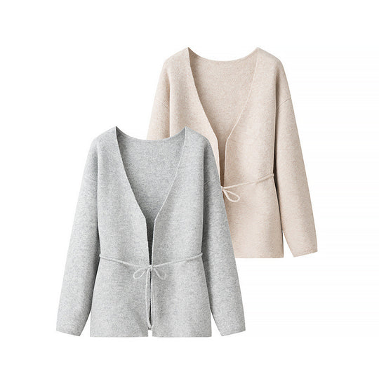 Damen lässige Strickjacke mit Bindegürtel Fudus