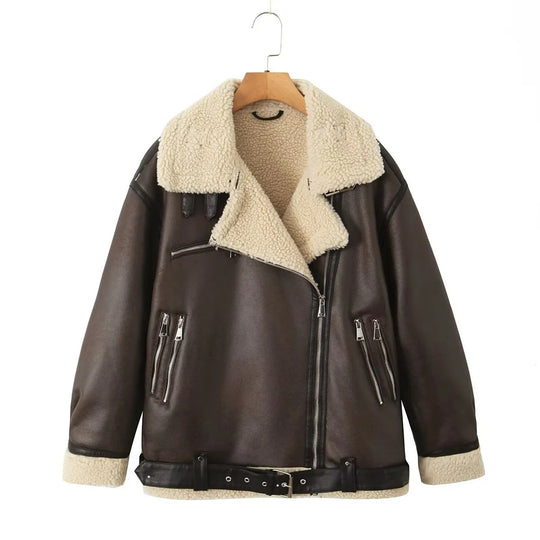 Damen Kunstfelljacke mit seitlichen Reißverschlusstaschen und Gürtel Fudus