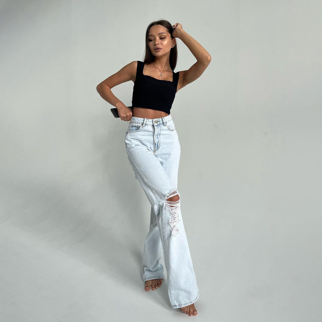 Damen lässige High-Waist Jeans mit ausgefransten Details Fudus