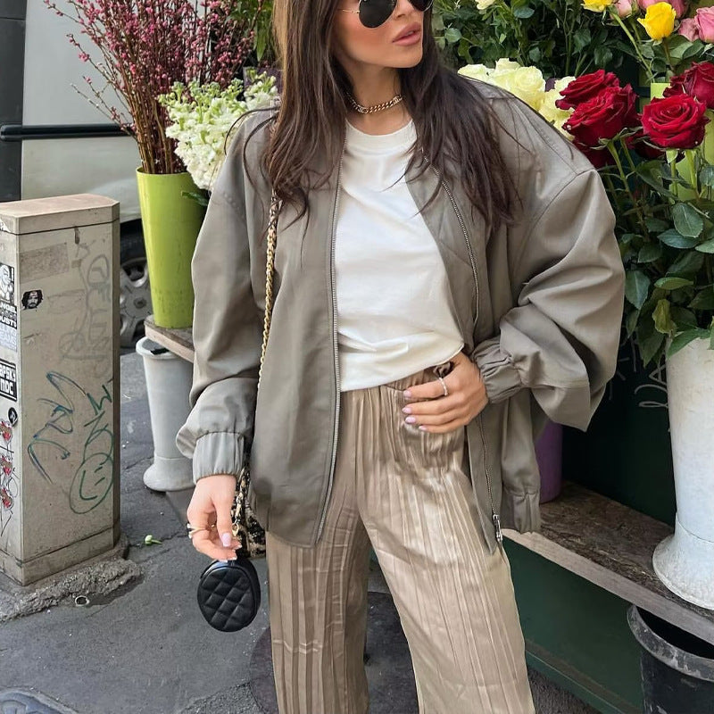 Damen lässige Bomberjacke aus leichtem Material mit elastischem Saum und praktischen Taschen Fudus