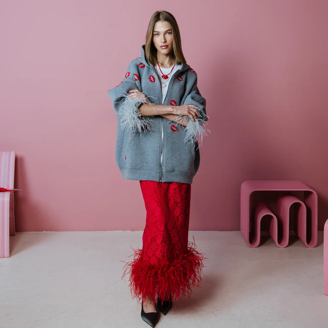 Damen Hoodie mit Federn und Lippenmotiv Fudus