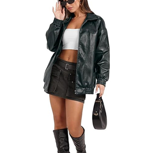 Damen lässige Oversized-Jacke mit elastischen Bündchen und durchgehendem Reißverschluss Fudus