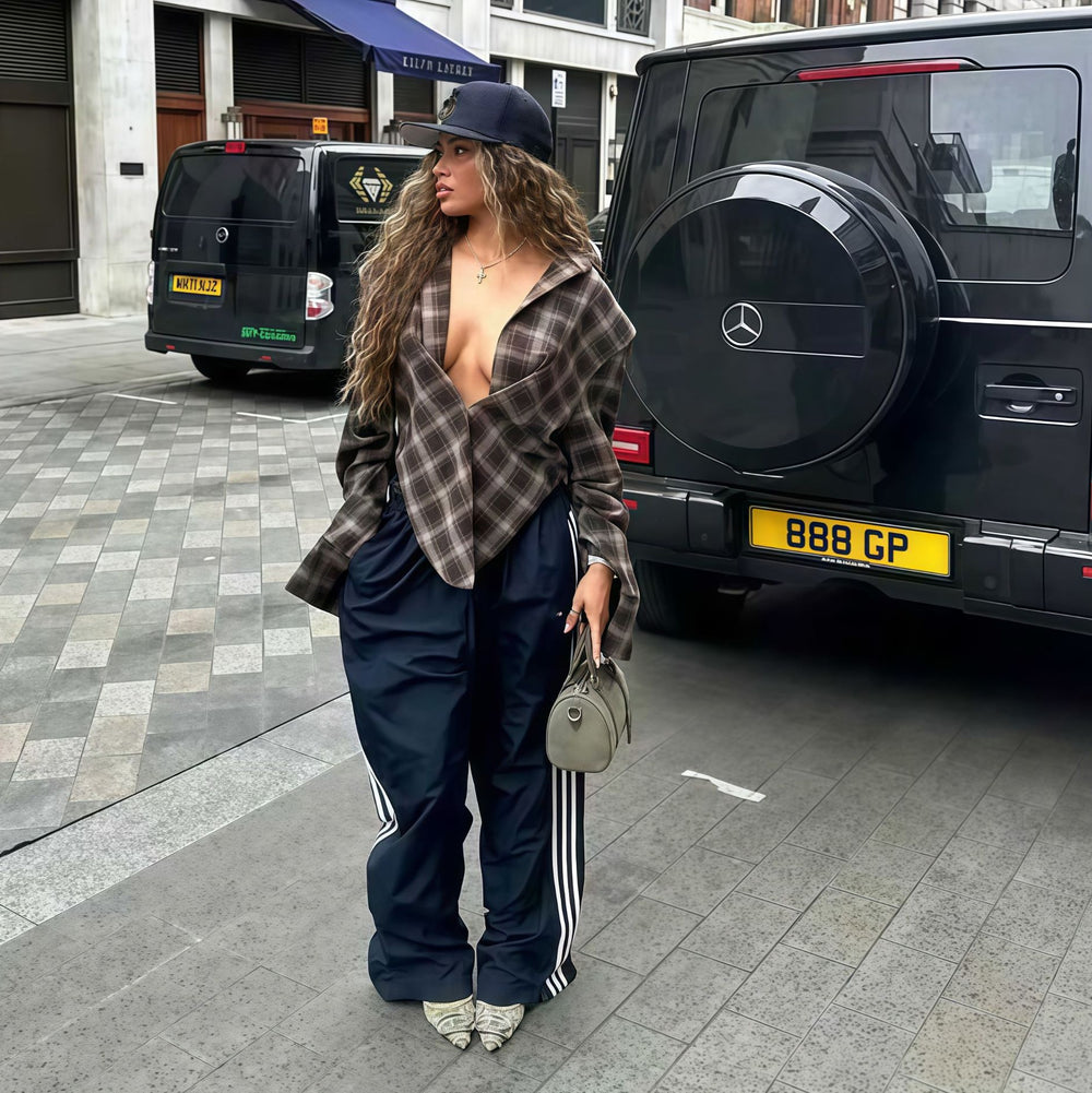 Damen lässige Karobluse mit übergroßem Schnitt und elegantem V-Ausschnitt Fudus