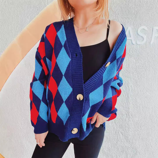 Damen lässige Strickjacke im Rauten-Muster mit goldenen Knöpfen Fudus