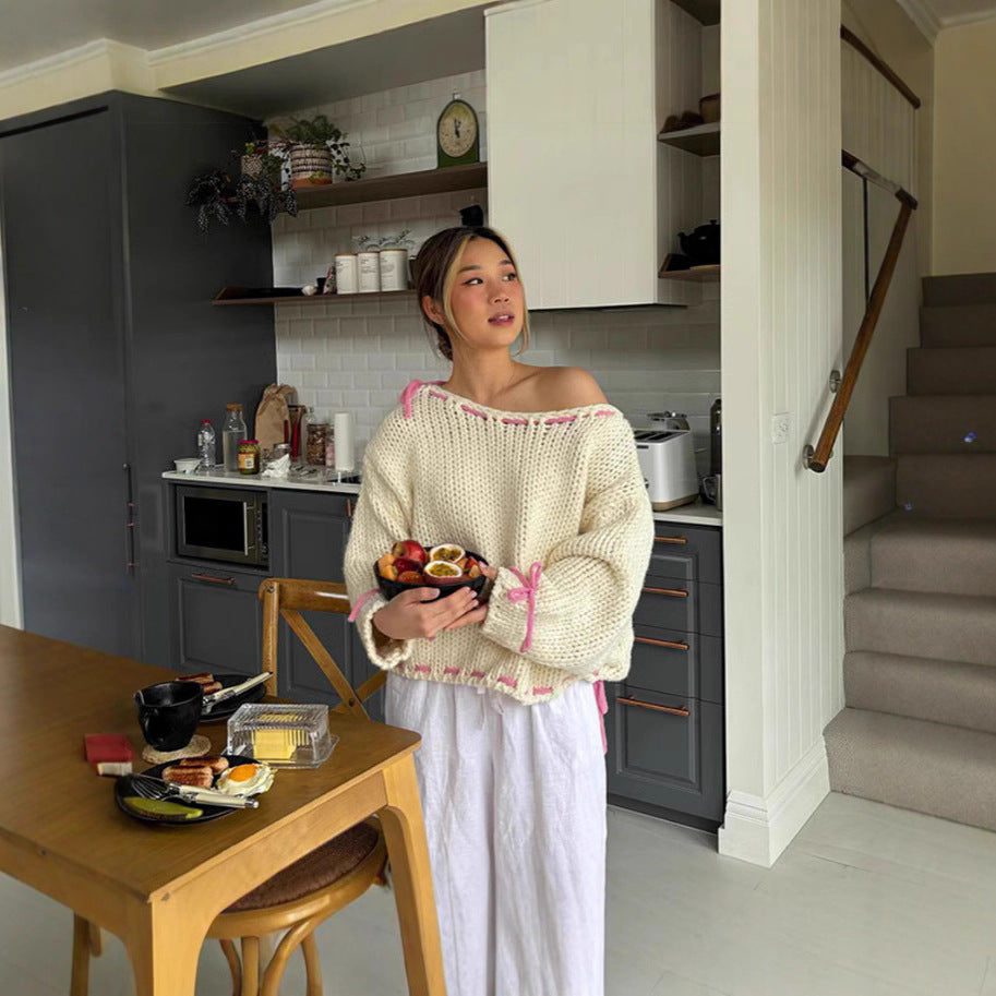 Damen Grobstrickpullover mit verspielten Schleifendetails Fudus