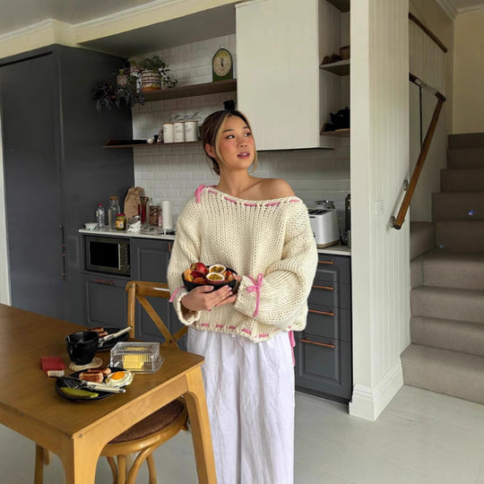 Damen Grobstrickpullover mit verspielten Schleifendetails Fudus