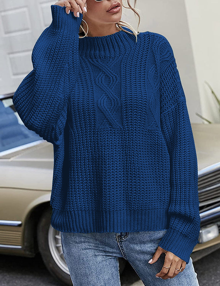 Damen Grobstrickpullover mit hohem Kragen und dekorativem Zopfmuster Fudus