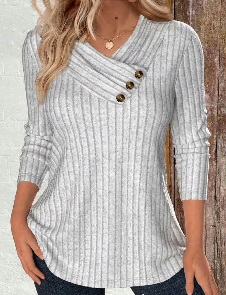 Damen Langarmshirt mit schrägem Kragen und dekorativen Knöpfen Fudus