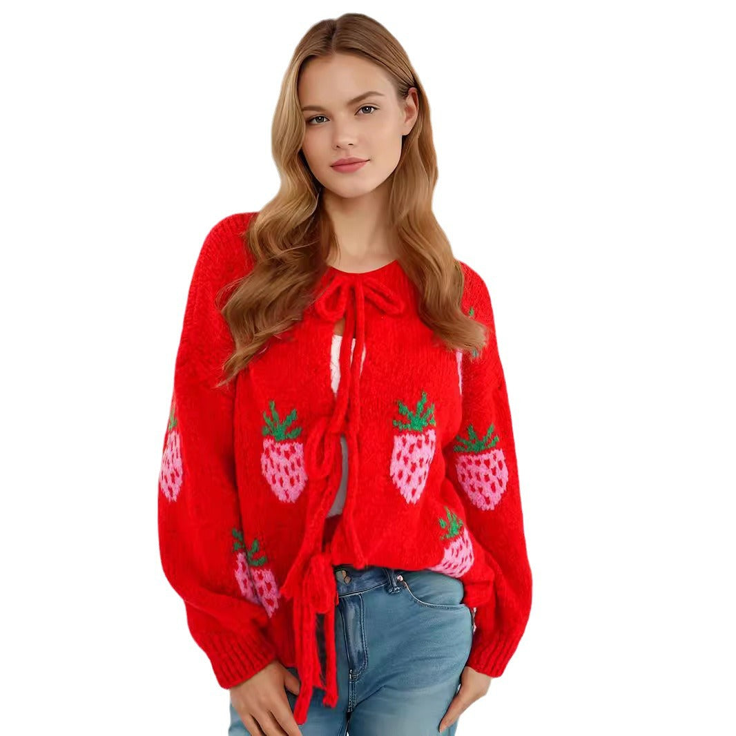 Damen kuscheliger Pullover mit fruchtigem Erdbeer-Motiv Fudus