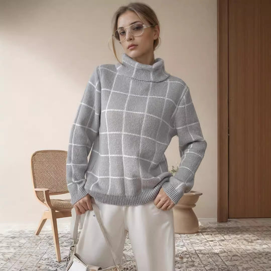 Damen Grobstrickpullover mit modernem Karomuster und hohem Kragen Fudus