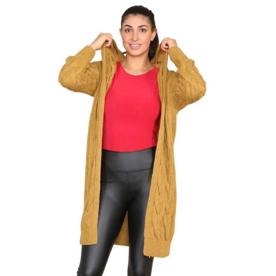 Damen kuscheliger Strickmantel mit Kapuze und großen Zopfmustern Fudus