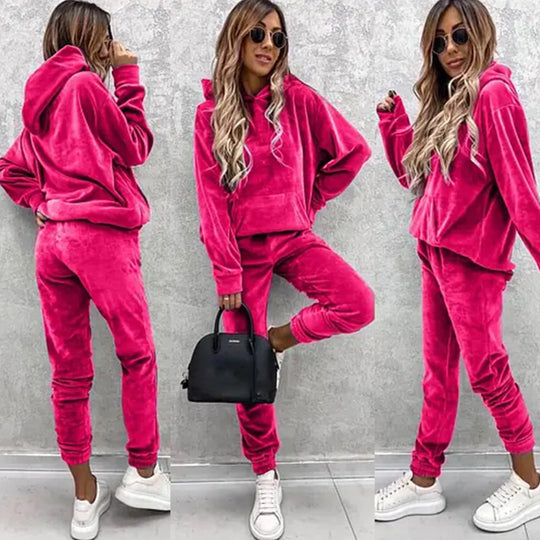 Damen hochwertiger Velours-Loungewear-Anzug mit Kapuzenpullover und bequemen Hosen Fudus
