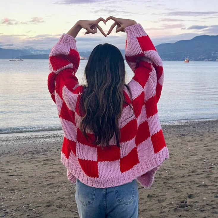 Damen Grobstrickjacke im modernen Karomuster Fudus