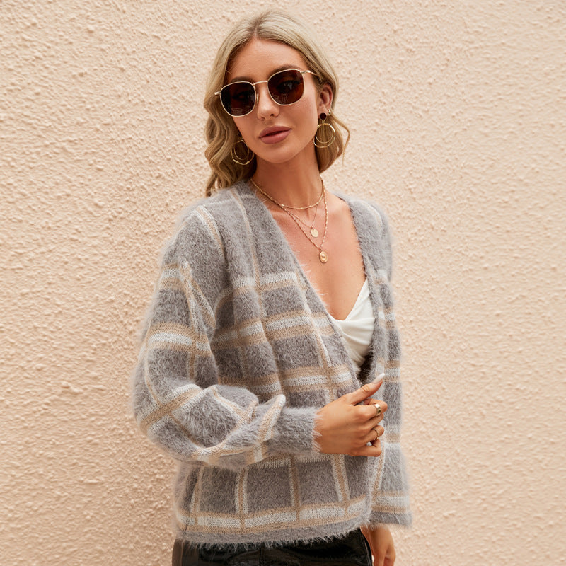 Damen modischer Karoknitted Cardigan Fudus