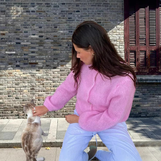 Damen kuschelige Strickjacke mit weitem Schnitt und eleganten Knopfdetails Fudus