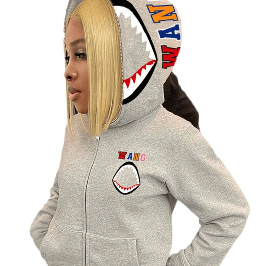Damen Kapuzenjacke mit kreativem Haifischdesign und moderne Stickereien Fudus