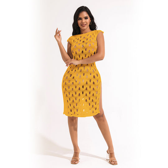 Damen Häkel-Sommerkleid mit eleganten Ausschnitten und seitlichen Schlitzen Fudus