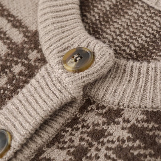 Damen Karierte Strickjacke mit Knopfleiste und Rundhalsausschnitt Fudus