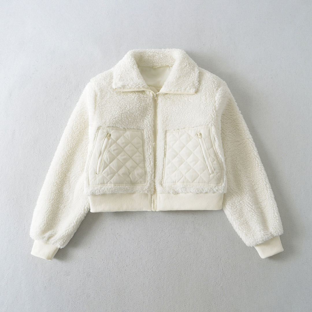 Damen kurze Übergangsjacke mit weich gefüttertem Teddy-Material und modischen Steppdetails Fudus