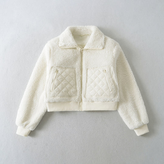 Damen kurze Übergangsjacke mit weich gefüttertem Teddy-Material und modischen Steppdetails Fudus