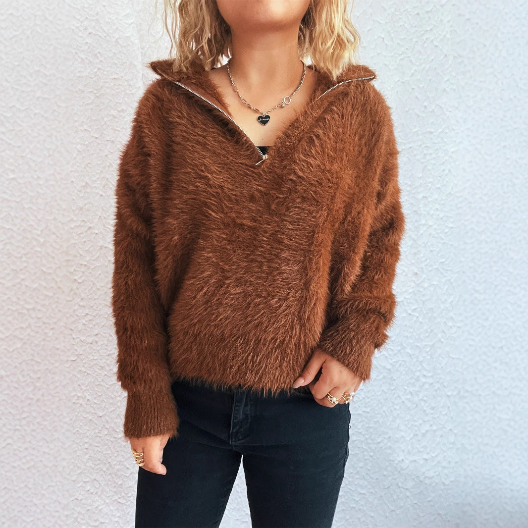 Damen kuscheliger Pullover mit hohem Kragen und Reißverschluss Fudus