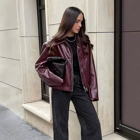 Damen Kunstlederjacke mit elastischem Taillenbund Fudus