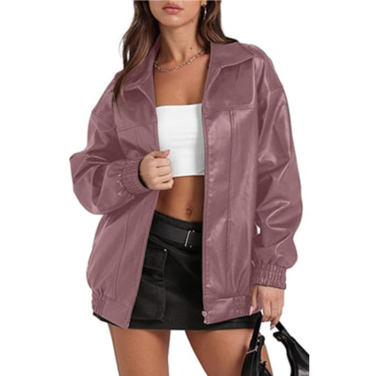 Damen lässige Oversized-Jacke mit elastischen Bündchen und durchgehendem Reißverschluss Fudus