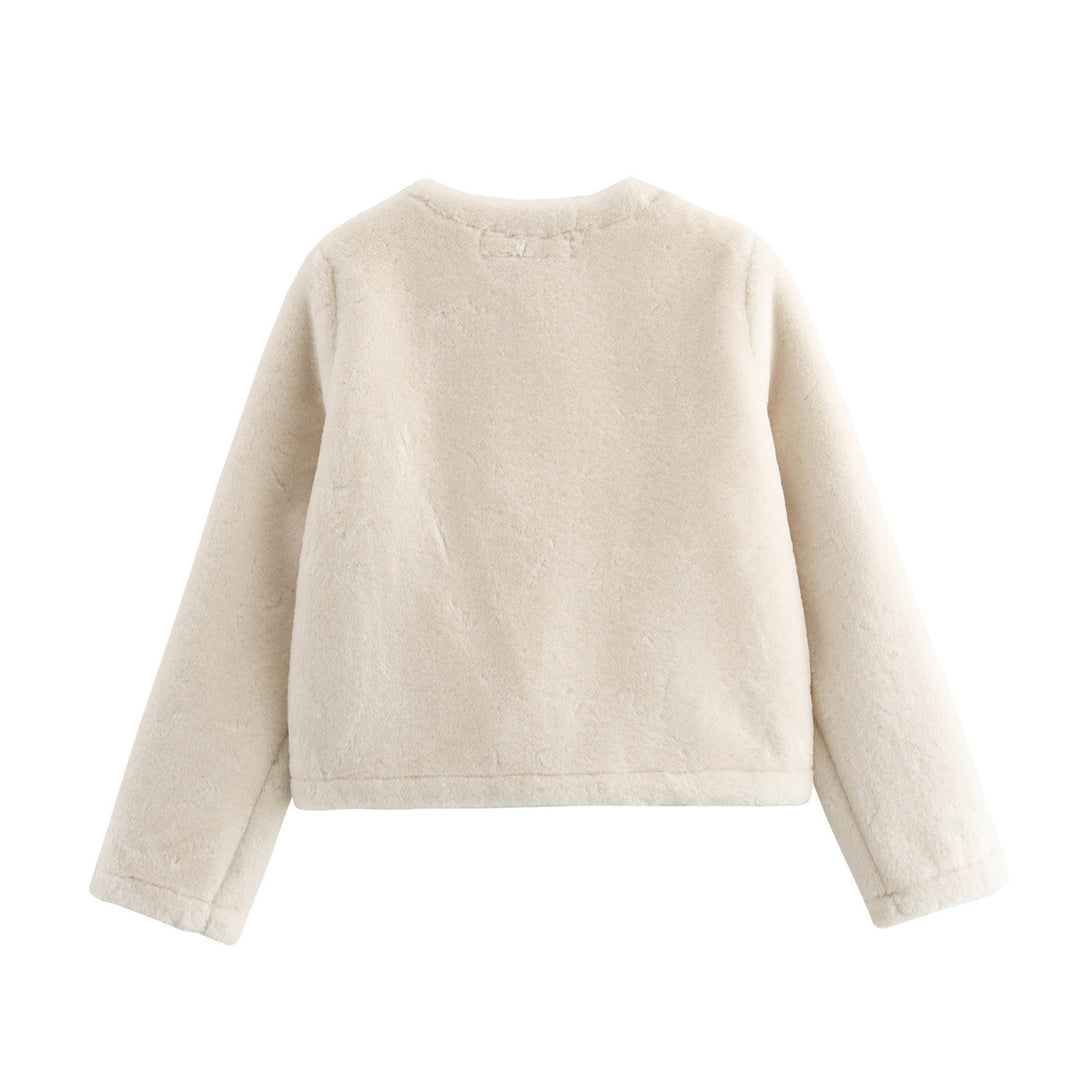 Damen kurze teddyjacke mit dekorativen Knopfdetails Fudus