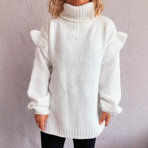 Damen kuscheliger Strickpullover mit Rüschenärmeln und hohem Kragen Fudus