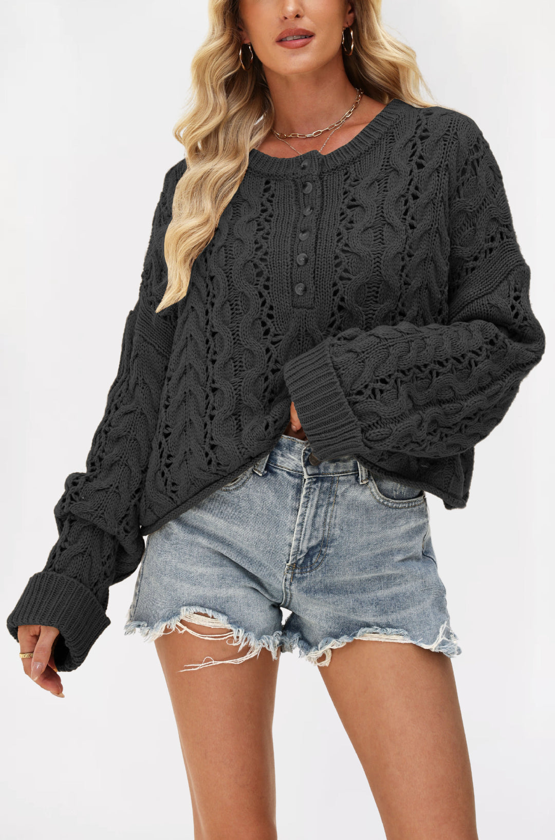 Damen kuscheliger Strickpullover mit strukturiertem Zopfmuster Fudus