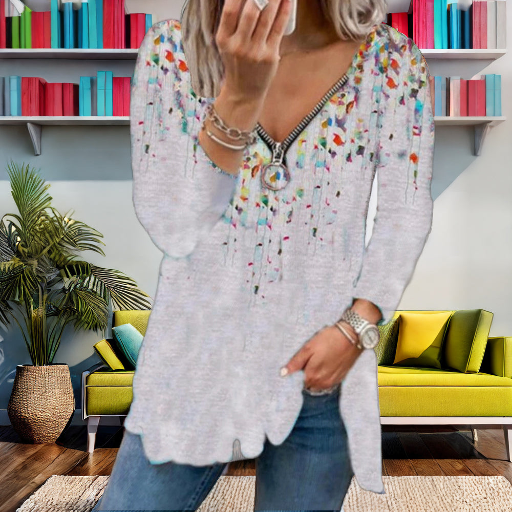 Damen Langarmbluse mit floralem Design und Reißverschluss Fudus