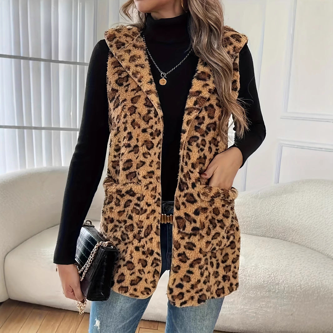 Damen kuschelige Weste mit Kapuze und Leopardenmuster Fudus
