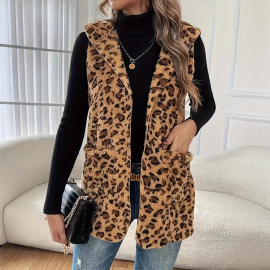 Damen kuschelige Weste mit Kapuze und Leopardenmuster Fudus