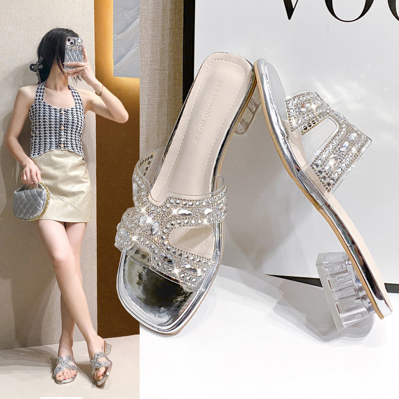 Sandalen Damen Offene Zehen Strass Blockabsatz