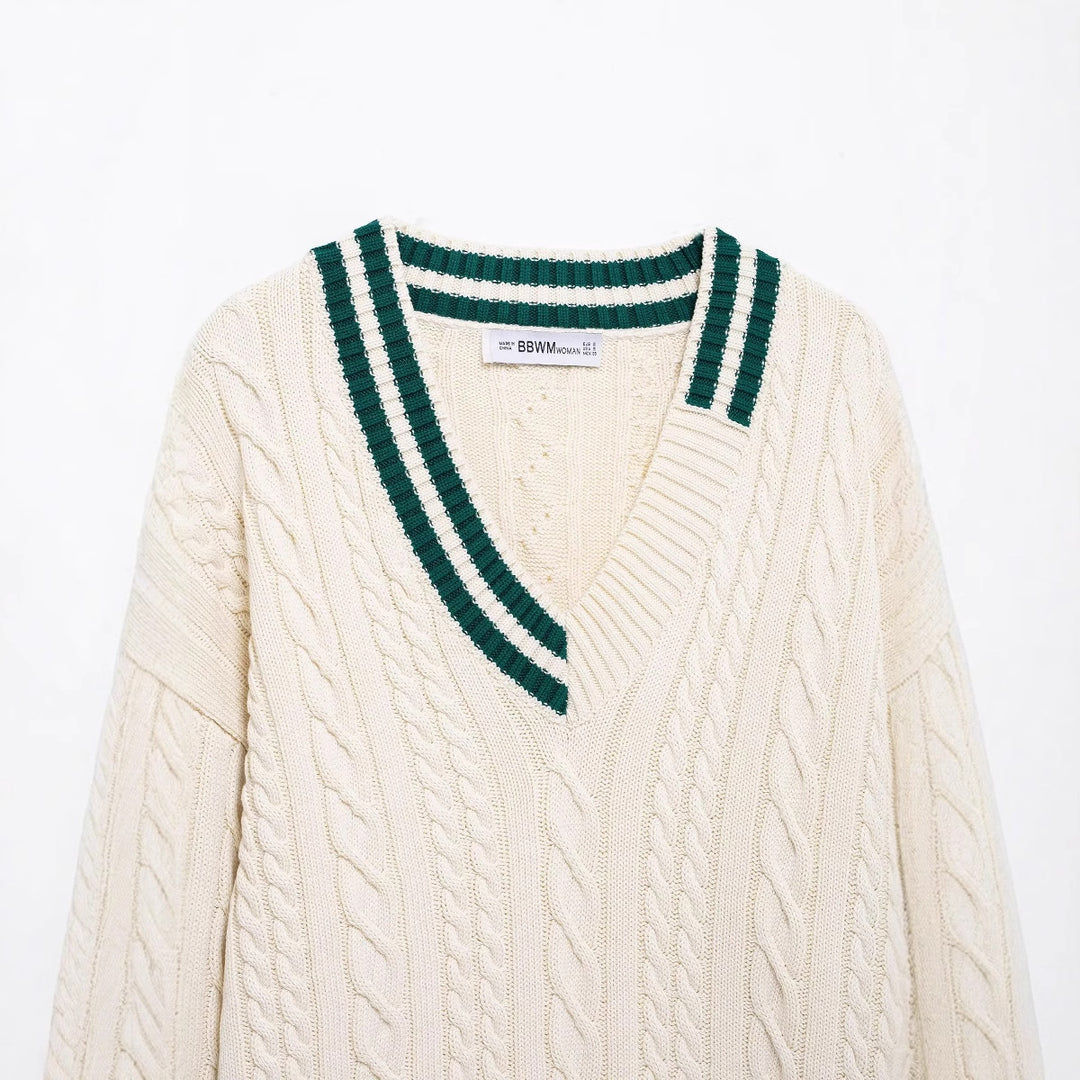 Damen klassischer V-Ausschnitt Strickpullover mit Zopfmuster und kontrastierendem Kragen Fudus