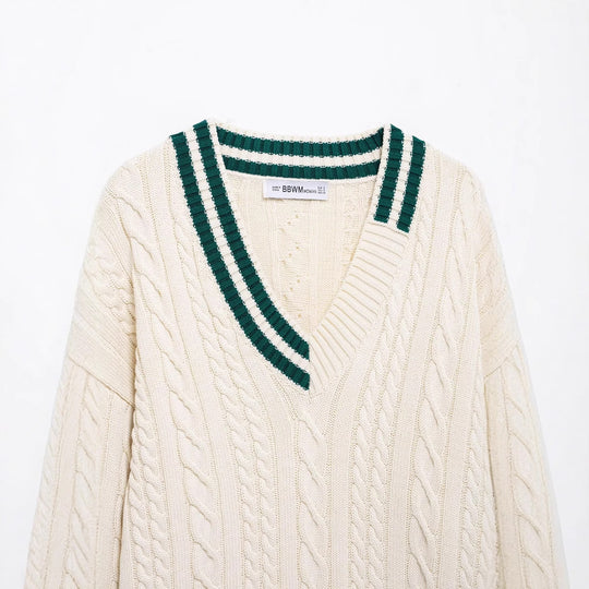 Damen klassischer V-Ausschnitt Strickpullover mit Zopfmuster und kontrastierendem Kragen Fudus