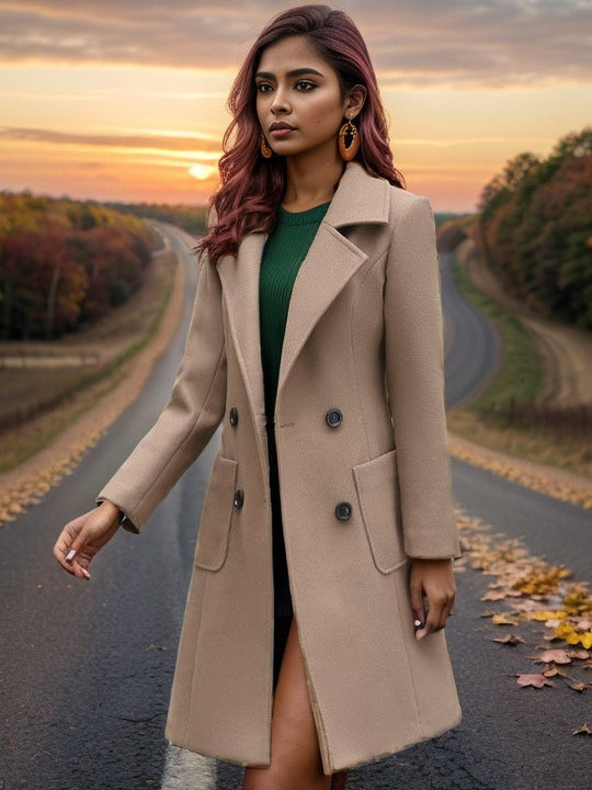 Damen Klassischer Wollmantel mit doppelter Knopfleiste und großzügigen Taschen Fudus