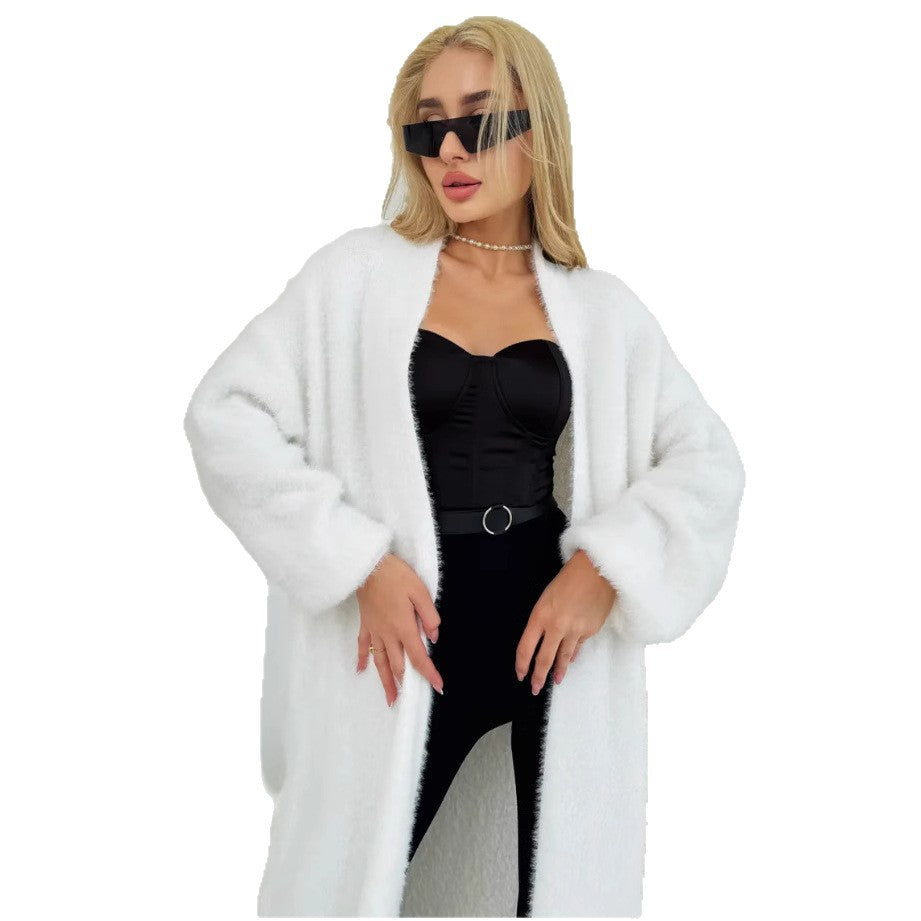 Damen Langer Flauschiger Cardigan mit offenem Schnitt und überschnittenen Ärmeln Fudus